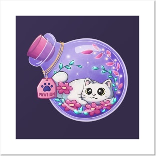 Cute White Cat Magic Potion With Flowers Posters and Art